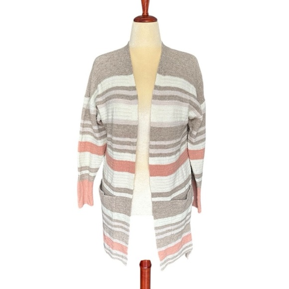 Lucky Brand Striped Open Front Cardigan Sweater Pastel Taupe Pink Wool Linen Med - Picture 7 of 16